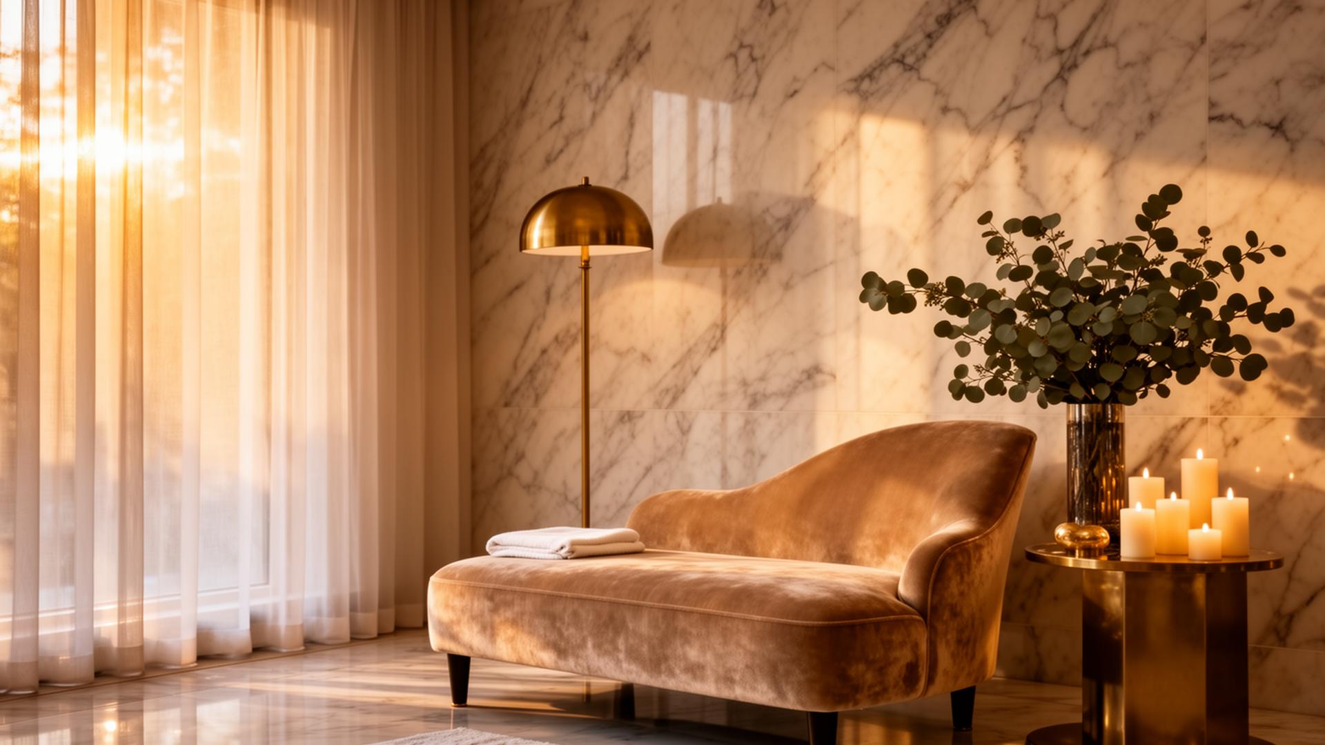 Luxury spa interior in the Bronx with marble walls and warm light